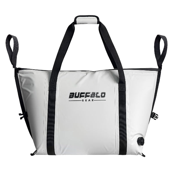 White tote bag with black straps and 'Buffalo Gear' logo on a white background