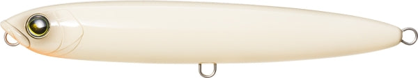 White fishing lure with a small eye and hooks on a white background