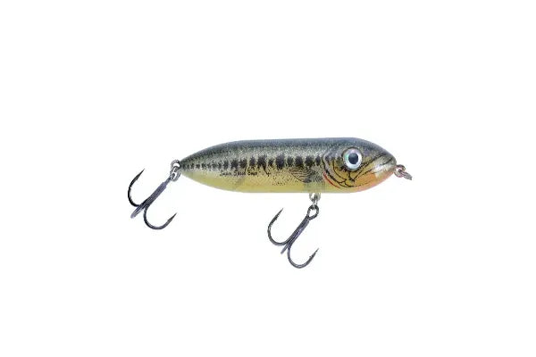 Green and yellow topwater fishing lure with black stripes and two treble hooks.