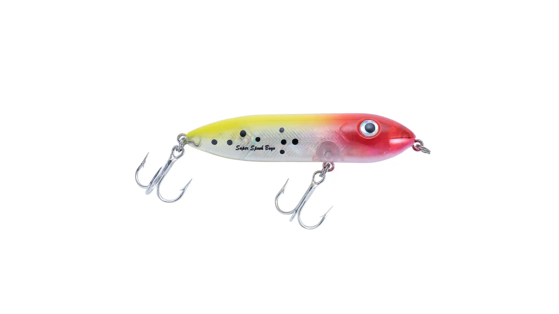 Heddon Super Spook Boyo fishing lure in yellow and red with black dots.