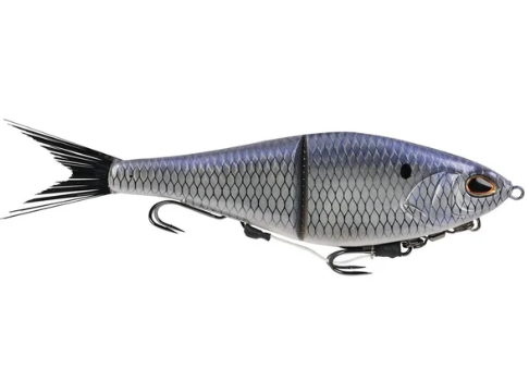 Segmented chrome gizzard shad fishing lure with black tail and hooks.