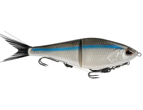 A hard bait fishing lure shaped like a small fish, featuring a silver and gray scale pattern, a bright blue horizontal stripe, black fins, and two treble hooks attached underneath, shown against a plain white background.