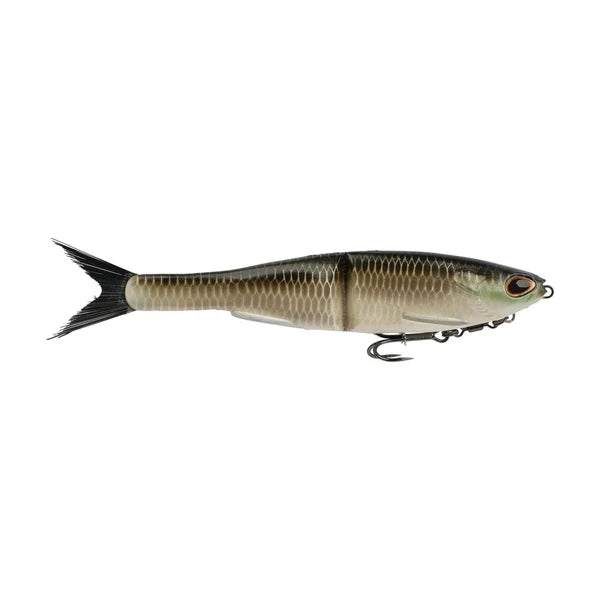 A segmented fishing lure resembling a shad with a green back and two hooks.