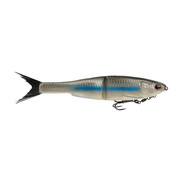 Grey and blue segmented fishing lure with a black tail and hook.