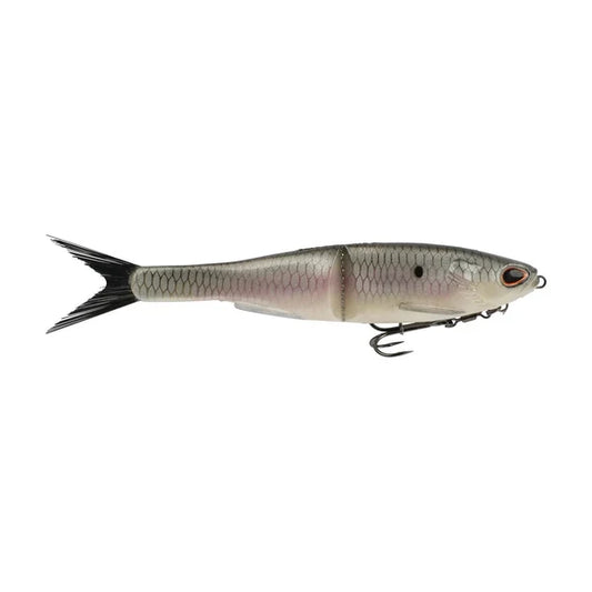 Hickory shad-colored segmented fishing lure with a black tail and red eye.