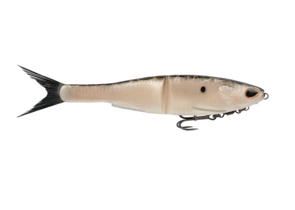 Burnt bone segmented fishing lure with a black forked tail and treble hook.