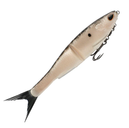 A soft plastic fishing lure shaped like a small baitfish, shown on a plain white background. The lure has a translucent white body with a dark gray to black back, a black eye, and a black tail.