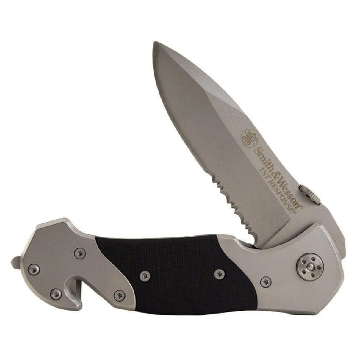 Open silver and black folding knife with a partially serrated blade and rescue tool.