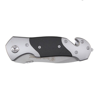 Silver and black Smith & Wesson folding knife with rescue tool.