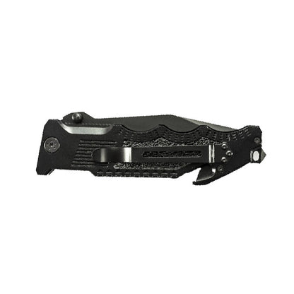 Closed black folding knife with textured grip and metal pocket clip.