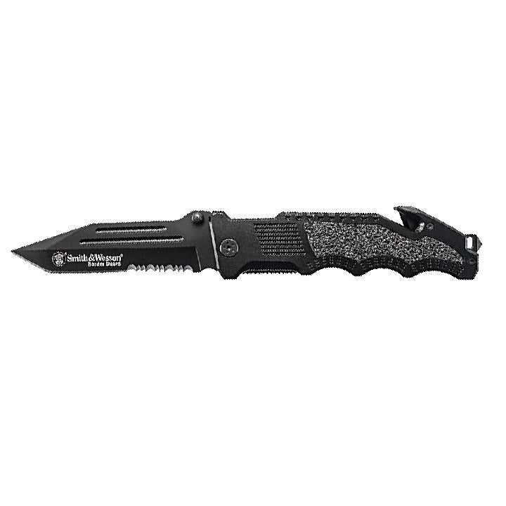 Black Smith & Wesson Border Guard folding knife with partially serrated blade and textured handle.