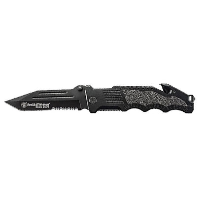 Black Smith & Wesson Border Guard folding knife with partially serrated blade and textured handle.