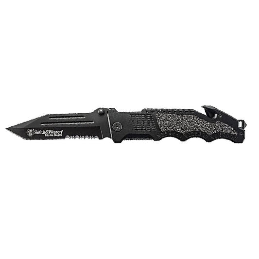 Black Smith & Wesson Border Guard folding knife with partially serrated blade and textured handle.