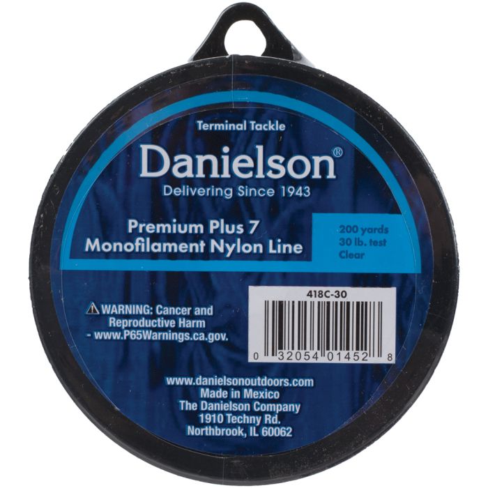 A round blue Danielson monofilament nylon fishing line spool, 30 lb. test.