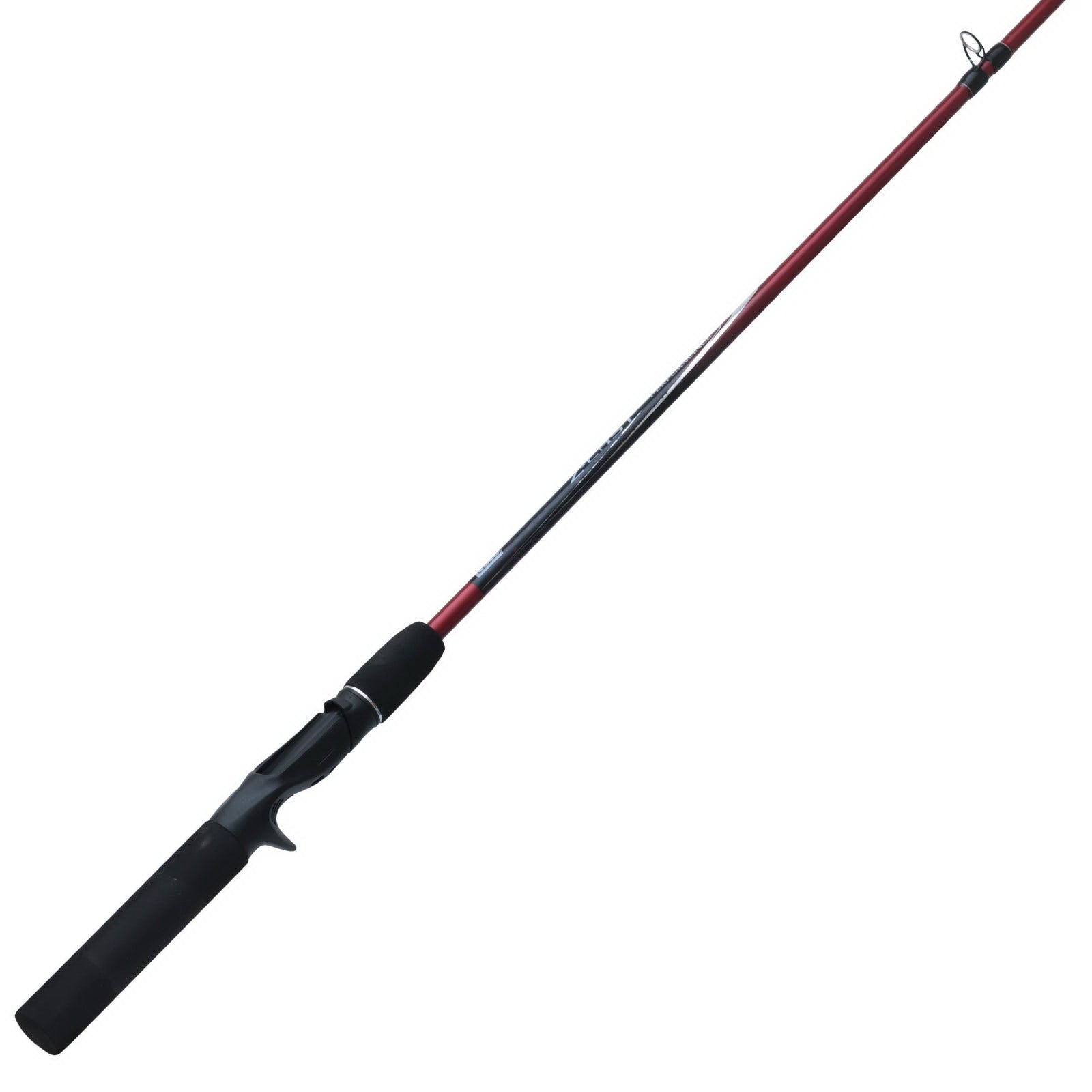 Red and black casting fishing rod with a black foam handle.
