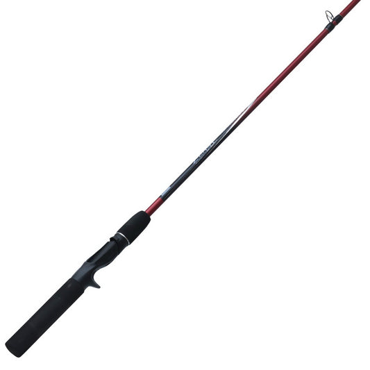 Red and black casting fishing rod with a black foam handle.