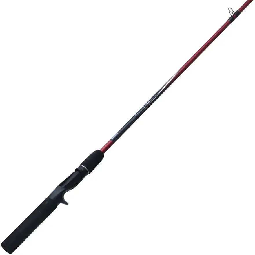 A red and black casting fishing rod with a black trigger grip handle.