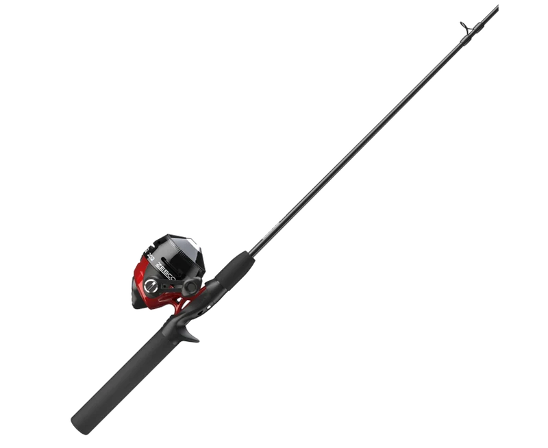 Angled black fishing rod with a vibrant red and black Zebco spincast reel.