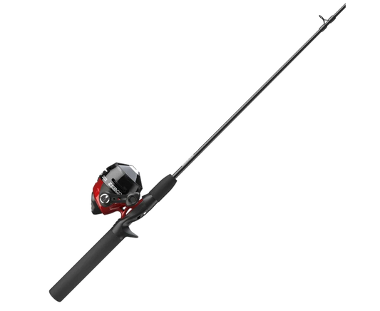 Angled black fishing rod with a vibrant red and black Zebco spincast reel.