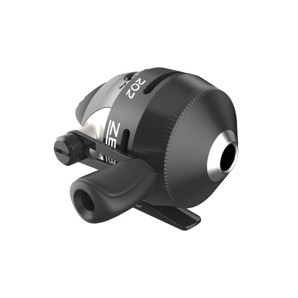Black and silver Zebco 202 spincast fishing reel angled right.
