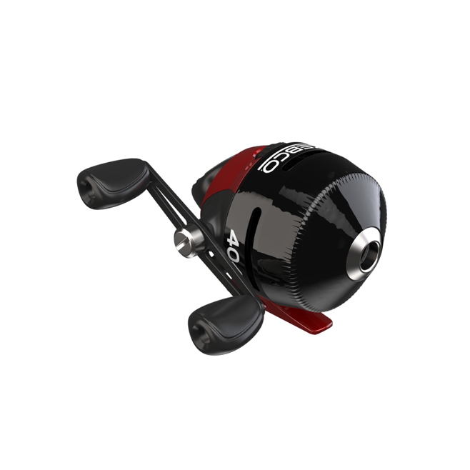 Black and red Zebco 404 spincast fishing reel with textured front.