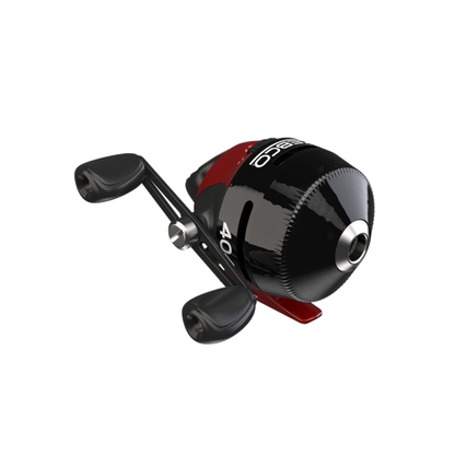Black and red Zebco 404 spincast fishing reel with textured front.