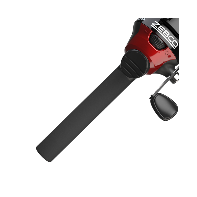Close-up of a red and black Zebco fishing reel with a long black handle.