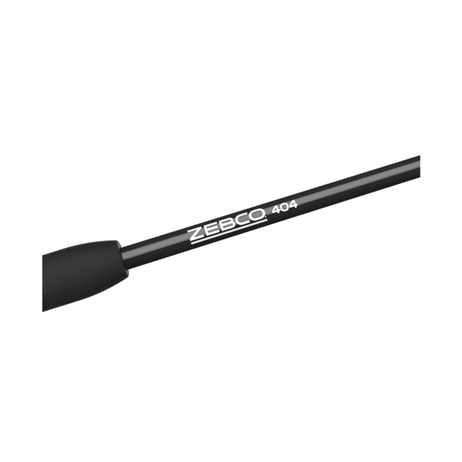 Black Zebco 404 fishing rod with a black handle, angled diagonally.