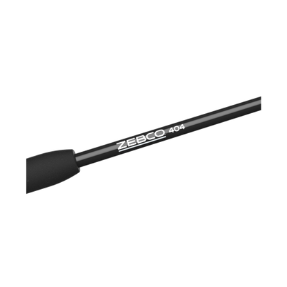 Black Zebco 404 fishing rod with a black handle, angled diagonally.