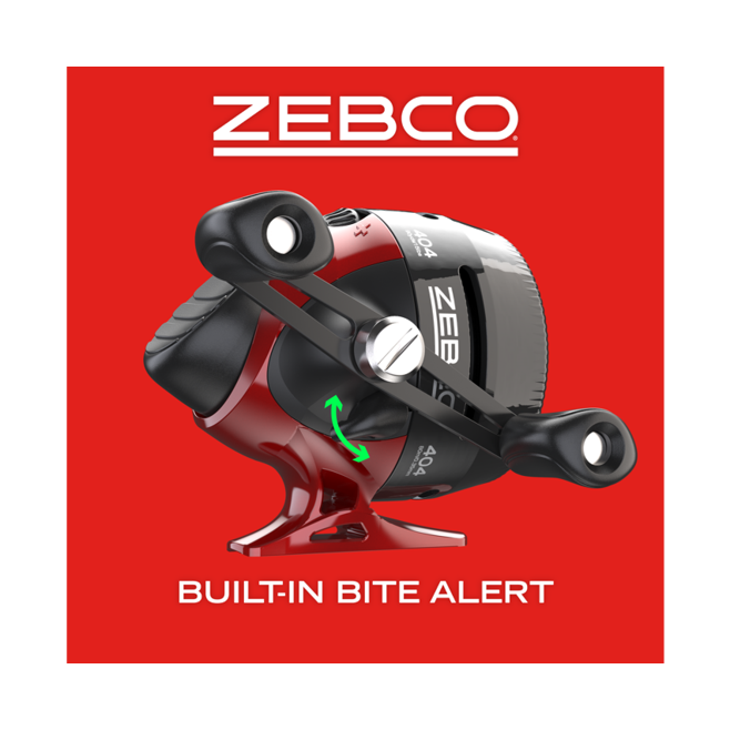 A red and black Zebco 404 fishing reel with a built-in bite alert.