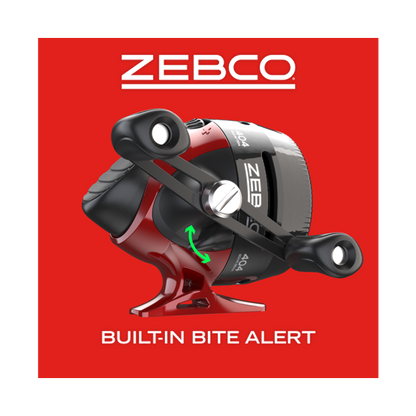 A red and black Zebco 404 fishing reel with a built-in bite alert.