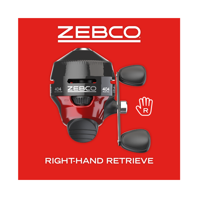 Red and black Zebco 404 fishing reel with right-hand retrieve.