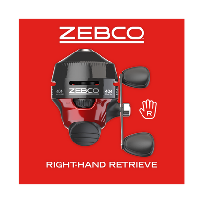 Red and black Zebco 404 fishing reel with right-hand retrieve.