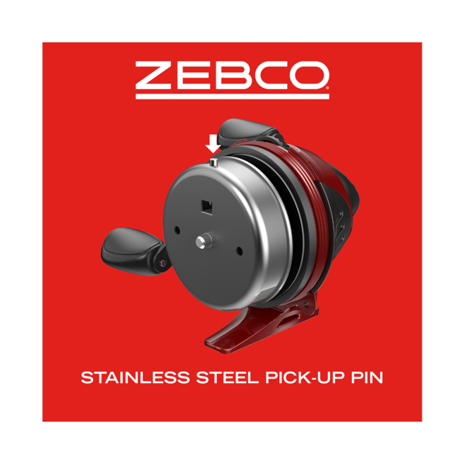 Red and silver Zebco spincast fishing reel with a stainless steel pick-up pin.