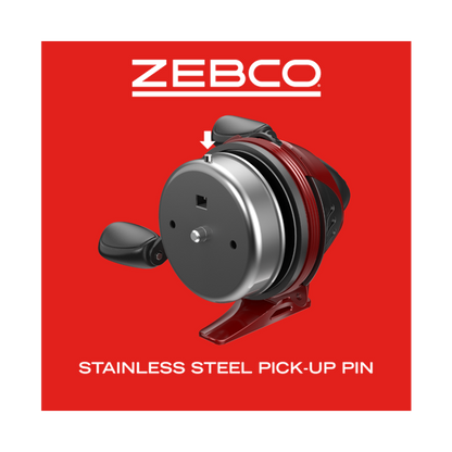 Red and silver Zebco spincast fishing reel with a stainless steel pick-up pin.