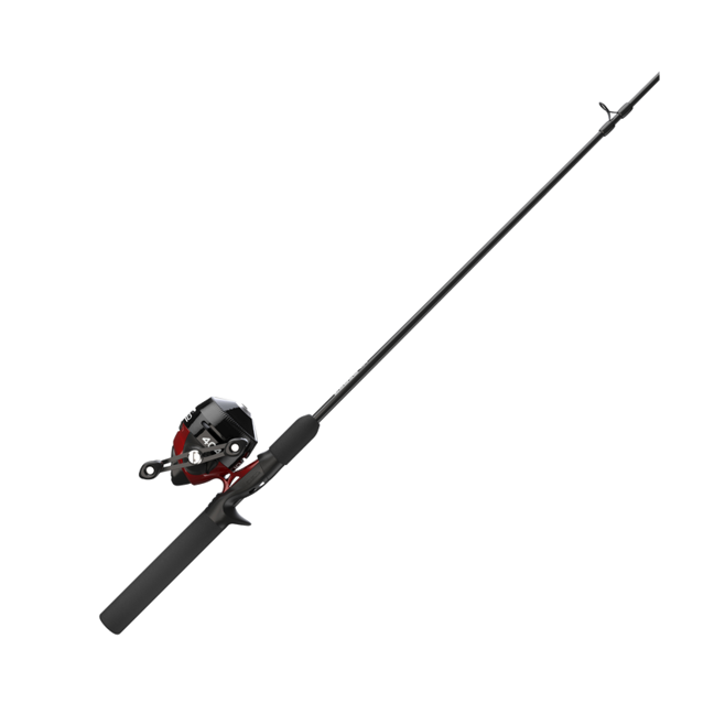 Angled black fishing rod with a red and black spincast reel.