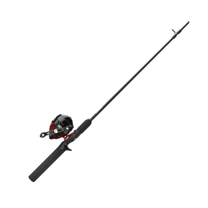 Angled black fishing rod with a red and black spincast reel.