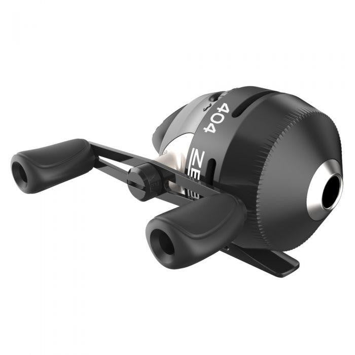 Black Zebco 404 spincast fishing reel with two-handle grip.
