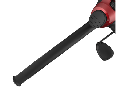 Close-up of a red and black fishing reel attached to a black rod.