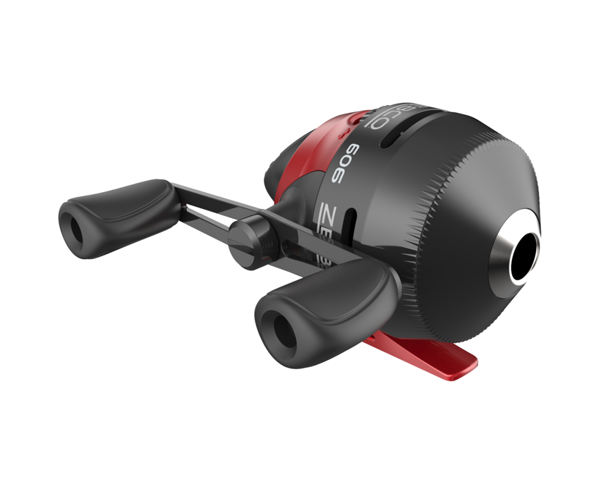 Black and red Zebco 606 spincast fishing reel with dual handles.