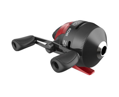 Black and red Zebco 606 spincast fishing reel with dual handles.