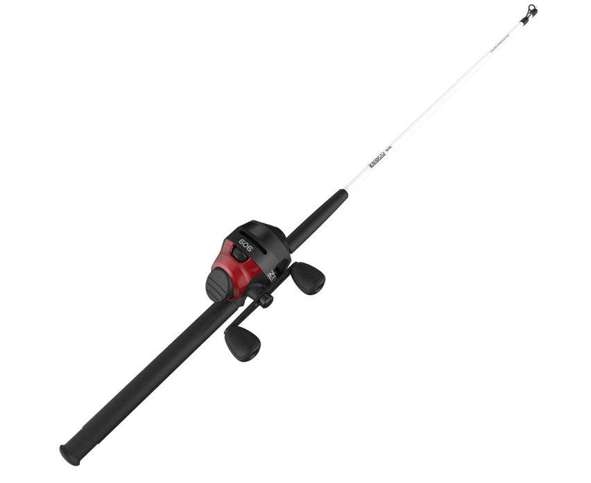 A black and white fishing rod with a red and black spincast reel.