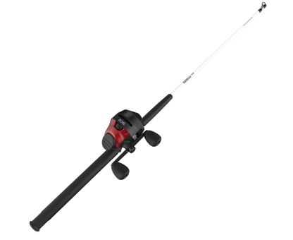 A black and white fishing rod with a red and black spincast reel.