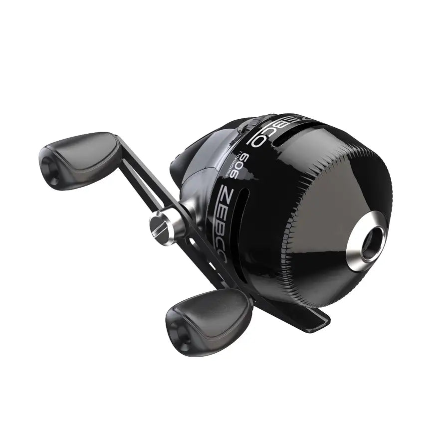 Glossy black Zebco 606 spincast reel with silver accents and textured front.