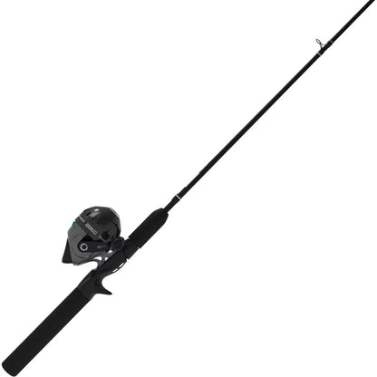 Black Zebco spincast fishing rod and reel combo on a white background.