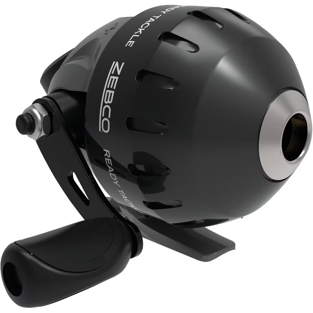 Black Zebco spincast fishing reel with silver accents, viewed from an angle.