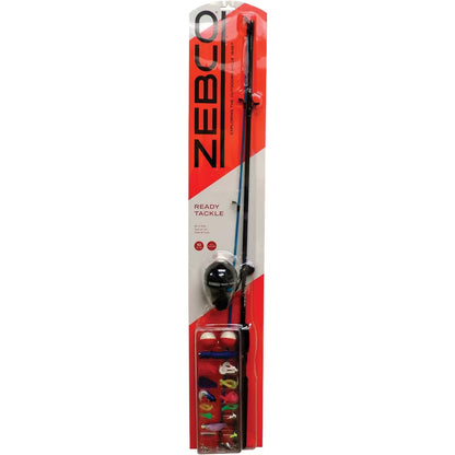 Zebco fishing rod and reel combo with tackle on a red and white flatboard.