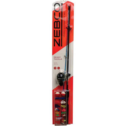 Zebco fishing rod and reel combo with tackle on a red and white flatboard.