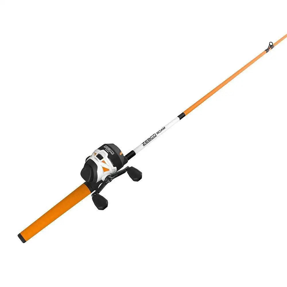 Orange and white Zebco Roam fishing rod and reel combo.