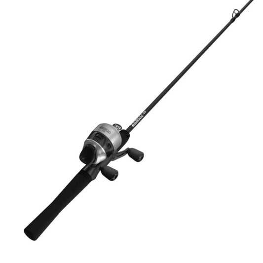 A black fishing rod with a silver and black Zebco 33 spincast reel.